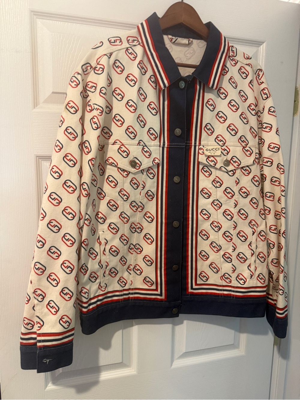 Gucci Cream Logo-Print Cotton Jacket with Navy & Red Trim